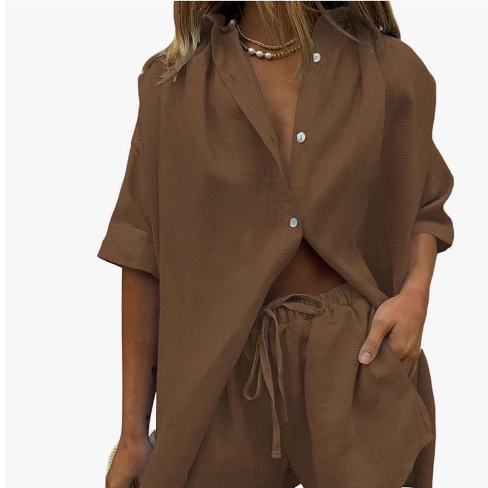 Women's Brown Relaxed Button-Up Shirt and Drawstring Shorts Set